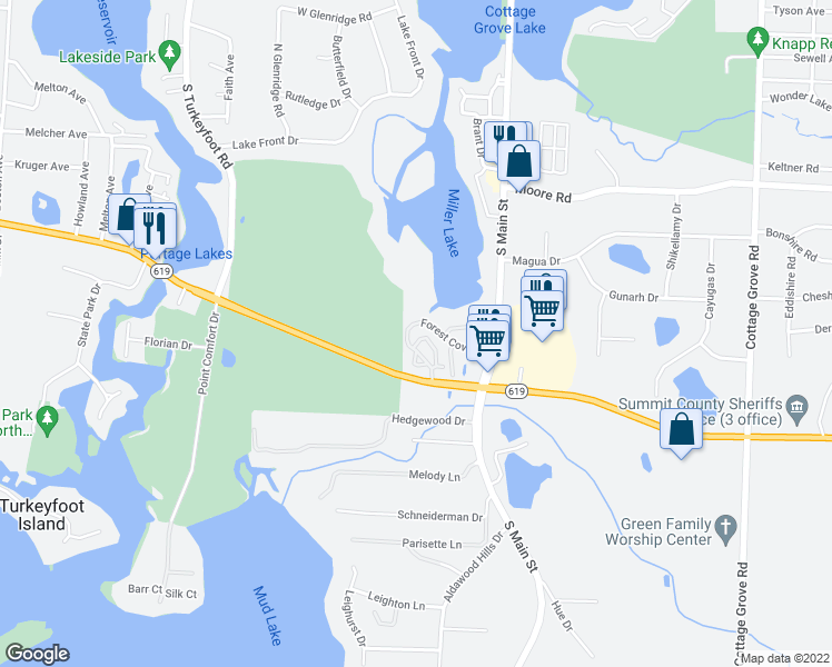 map of restaurants, bars, coffee shops, grocery stores, and more near 25 Starboard Circle in Akron