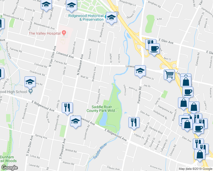map of restaurants, bars, coffee shops, grocery stores, and more near 687 Eastern Court in Ridgewood