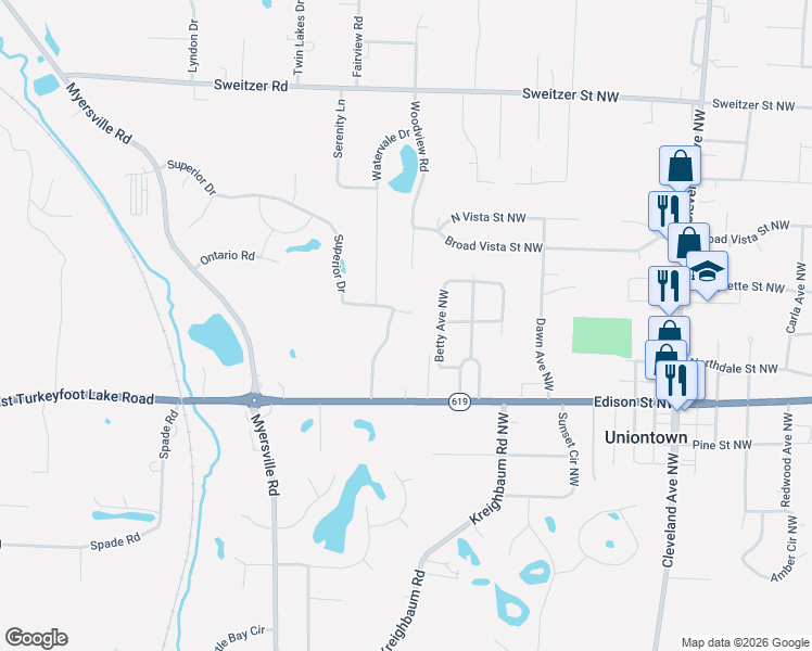 map of restaurants, bars, coffee shops, grocery stores, and more near 3098 Stonehurst Road in Uniontown