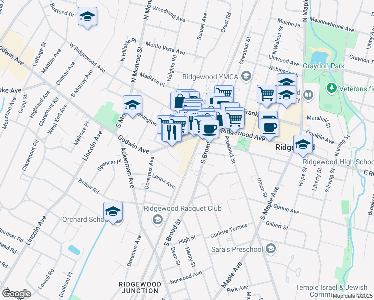 map of restaurants, bars, coffee shops, grocery stores, and more near 44 Godwin Avenue in Ridgewood