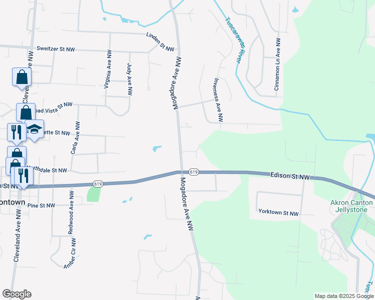 map of restaurants, bars, coffee shops, grocery stores, and more near 13088 Mogadore Avenue Northwest in Uniontown