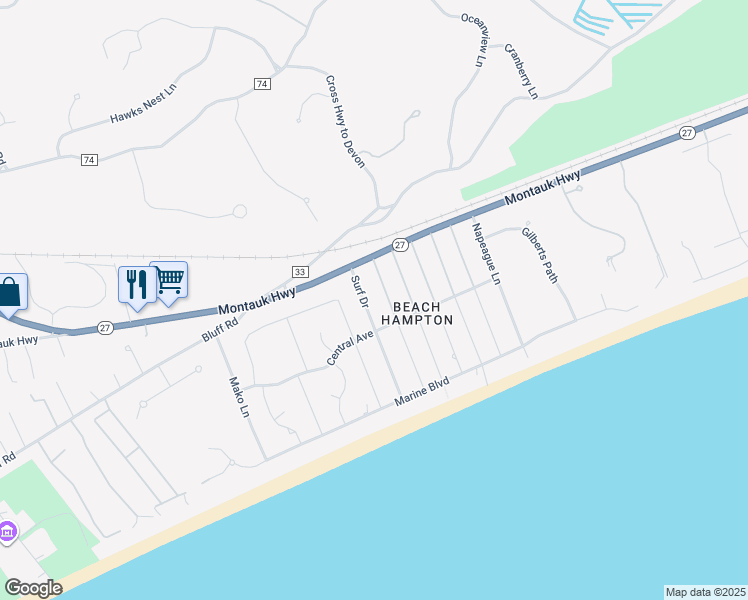map of restaurants, bars, coffee shops, grocery stores, and more near 25 Surf Drive in Amagansett