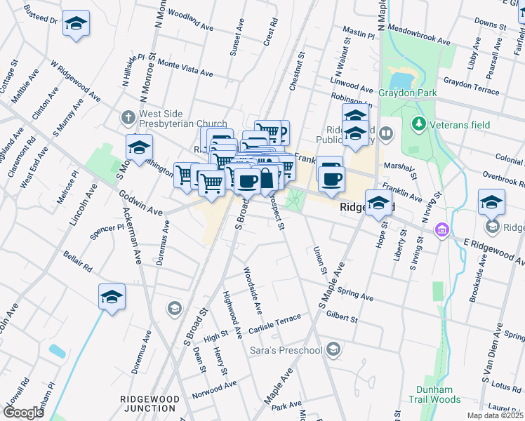 map of restaurants, bars, coffee shops, grocery stores, and more near 1 Passaic Street in Ridgewood