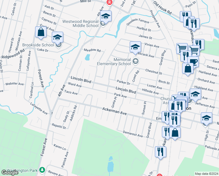 map of restaurants, bars, coffee shops, grocery stores, and more near 243 Lincoln Boulevard in Emerson