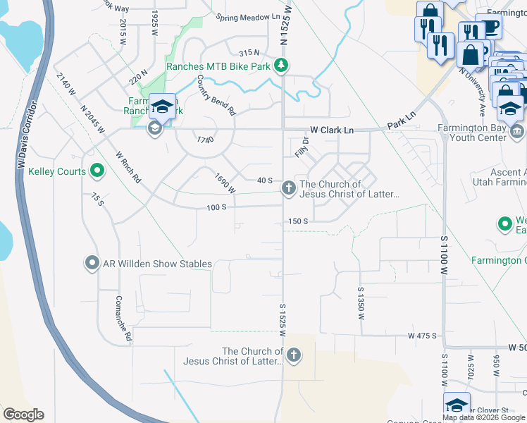 map of restaurants, bars, coffee shops, grocery stores, and more near 1611 South Ranch Road in Farmington