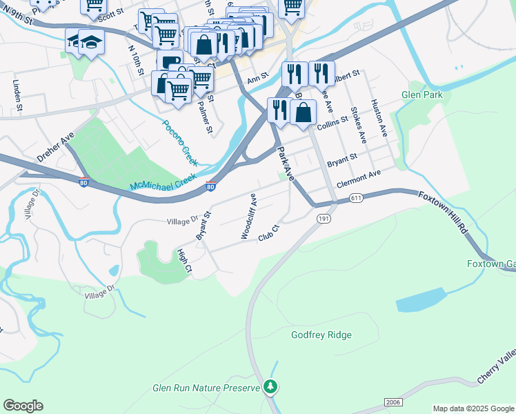 map of restaurants, bars, coffee shops, grocery stores, and more near 730 Clermont Avenue in Stroudsburg