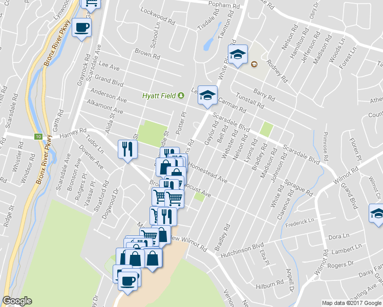 map of restaurants, bars, coffee shops, grocery stores, and more near 886 Post Road in Scarsdale