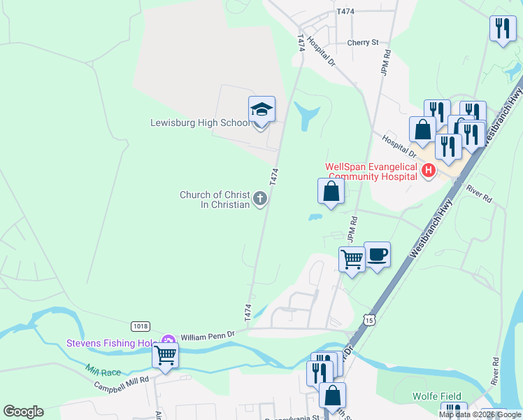 map of restaurants, bars, coffee shops, grocery stores, and more near 193 Newman Road in Lewisburg