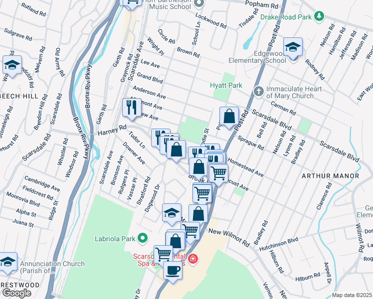 map of restaurants, bars, coffee shops, grocery stores, and more near 121C Montgomery Avenue in Scarsdale