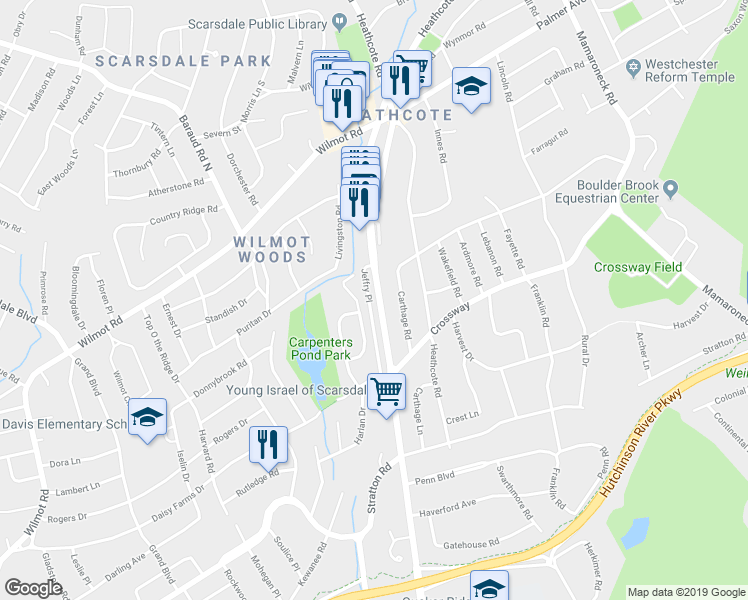 map of restaurants, bars, coffee shops, grocery stores, and more near 1409 Weaver Street in Scarsdale