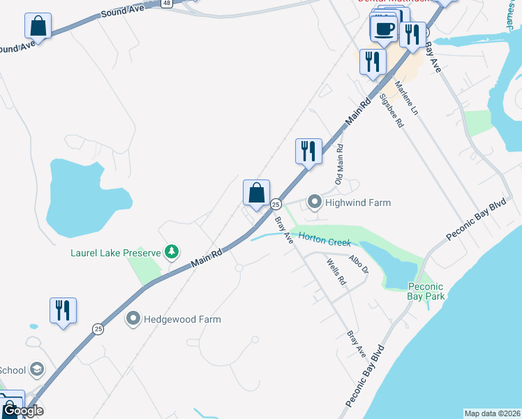 map of restaurants, bars, coffee shops, grocery stores, and more near 7055 Main Road in Mattituck