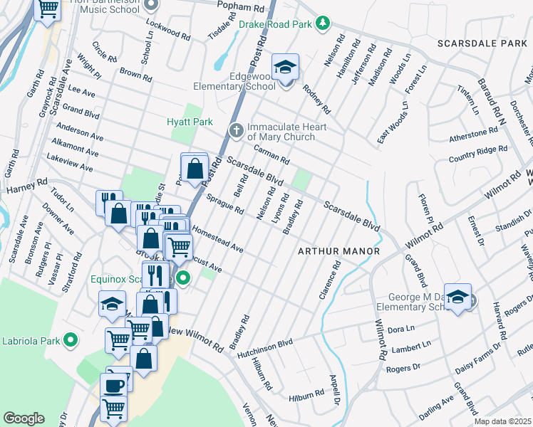 map of restaurants, bars, coffee shops, grocery stores, and more near 167 Lyons Road in Scarsdale