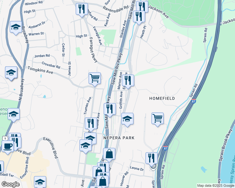 map of restaurants, bars, coffee shops, grocery stores, and more near 62 Railroad Avenue in Yonkers