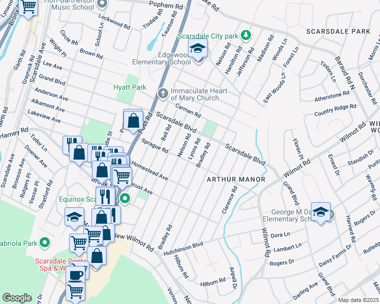 map of restaurants, bars, coffee shops, grocery stores, and more near 167 Lyons Road in Scarsdale