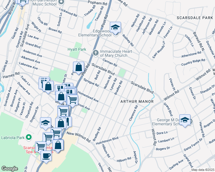 map of restaurants, bars, coffee shops, grocery stores, and more near 167 Lyons Road in Scarsdale