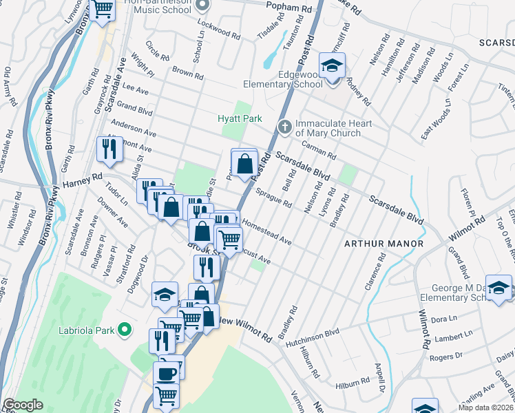 map of restaurants, bars, coffee shops, grocery stores, and more near 886 Post Road in Scarsdale