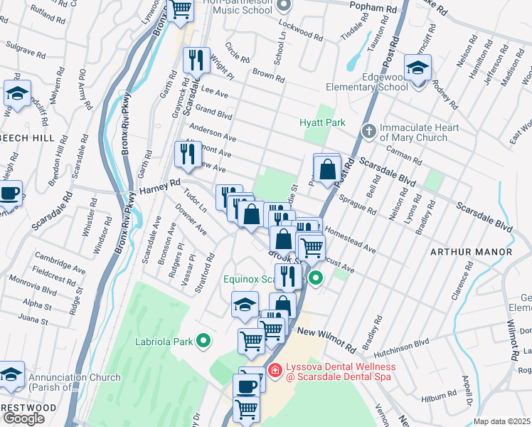 map of restaurants, bars, coffee shops, grocery stores, and more near 121C Montgomery Avenue in Scarsdale
