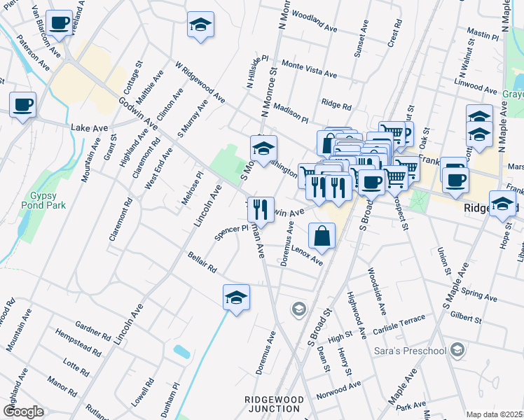 map of restaurants, bars, coffee shops, grocery stores, and more near 194 Godwin Avenue in Ridgewood