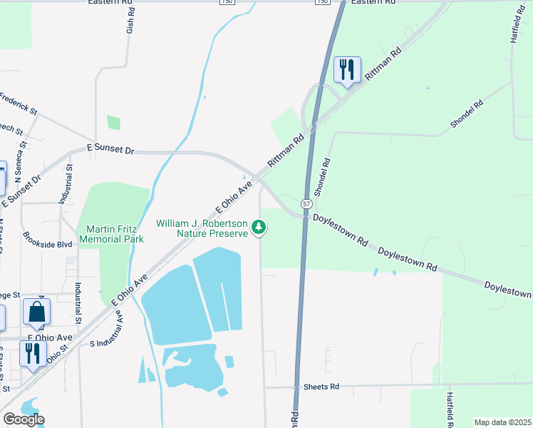 map of restaurants, bars, coffee shops, grocery stores, and more near 14655 Shondel Road in Rittman