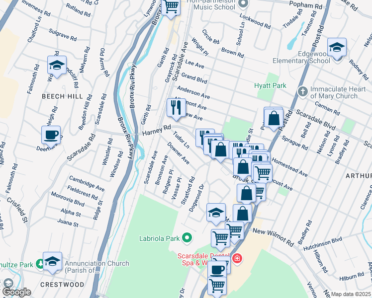 map of restaurants, bars, coffee shops, grocery stores, and more near 26 Tudor Lane in Scarsdale