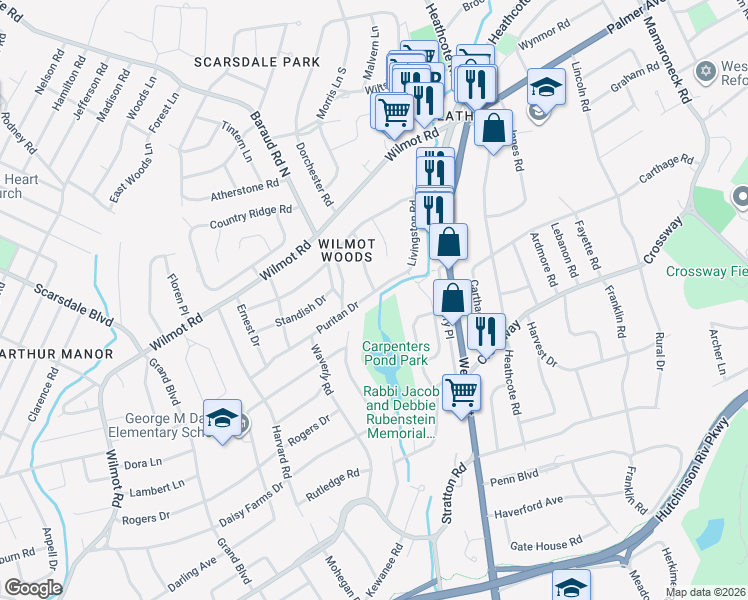 map of restaurants, bars, coffee shops, grocery stores, and more near 50 Puritan Drive in Scarsdale