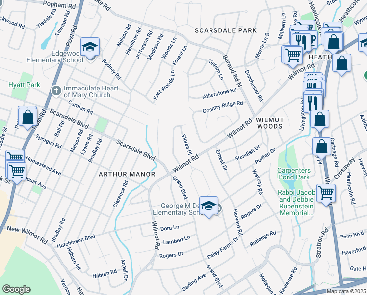 map of restaurants, bars, coffee shops, grocery stores, and more near 10 Floren Place in Scarsdale