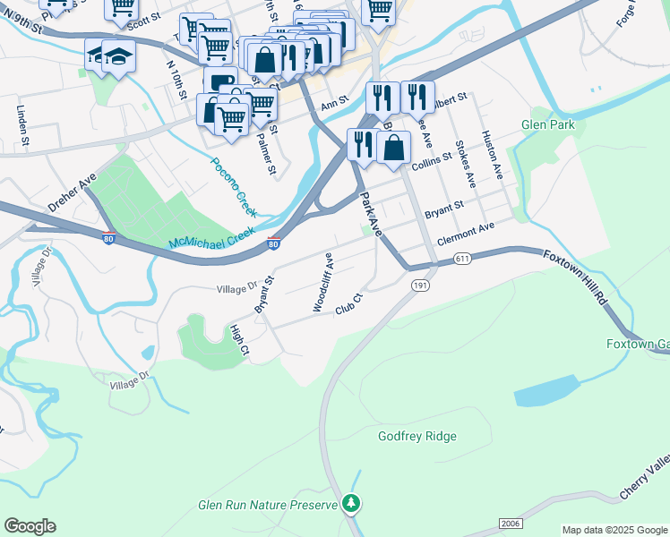 map of restaurants, bars, coffee shops, grocery stores, and more near 730 Clermont Avenue in Stroudsburg
