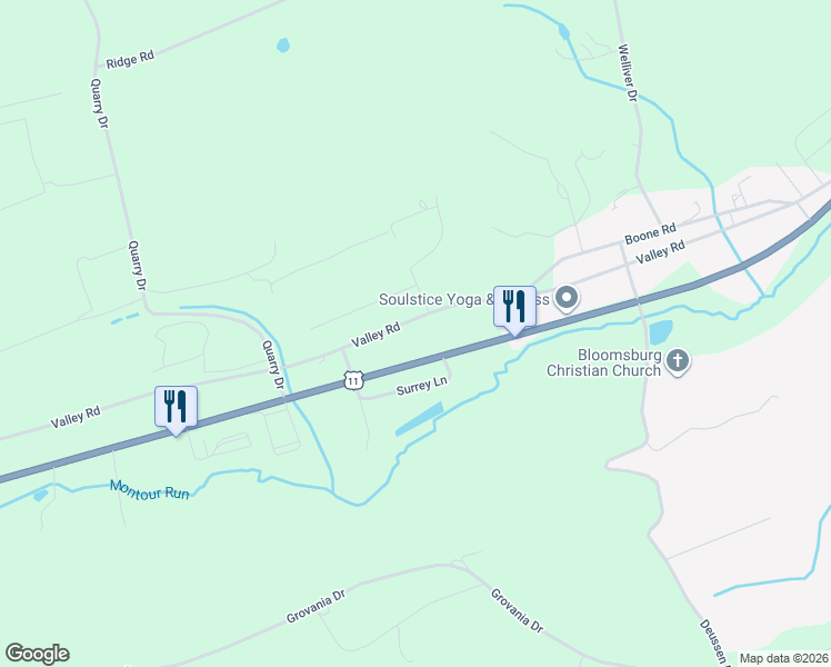 map of restaurants, bars, coffee shops, grocery stores, and more near 404 Valley Rd in Bloomsburg