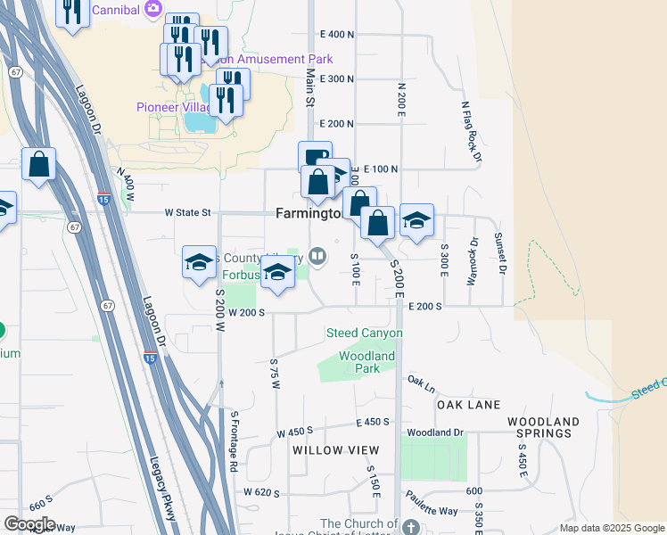 map of restaurants, bars, coffee shops, grocery stores, and more near 51 East 125 South in Farmington