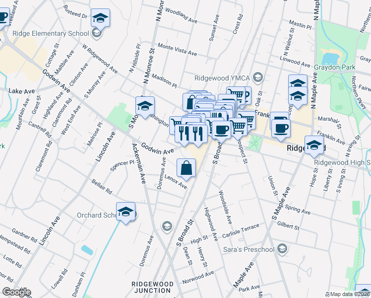 map of restaurants, bars, coffee shops, grocery stores, and more near 88 Godwin Avenue in Ridgewood