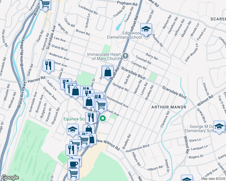 map of restaurants, bars, coffee shops, grocery stores, and more near 886 Post Road in Scarsdale