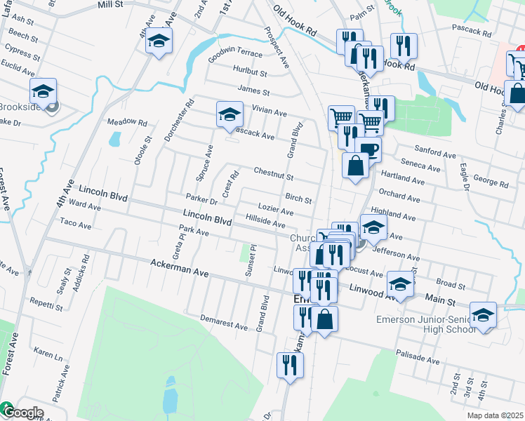 map of restaurants, bars, coffee shops, grocery stores, and more near 125 Lozier Avenue in Emerson