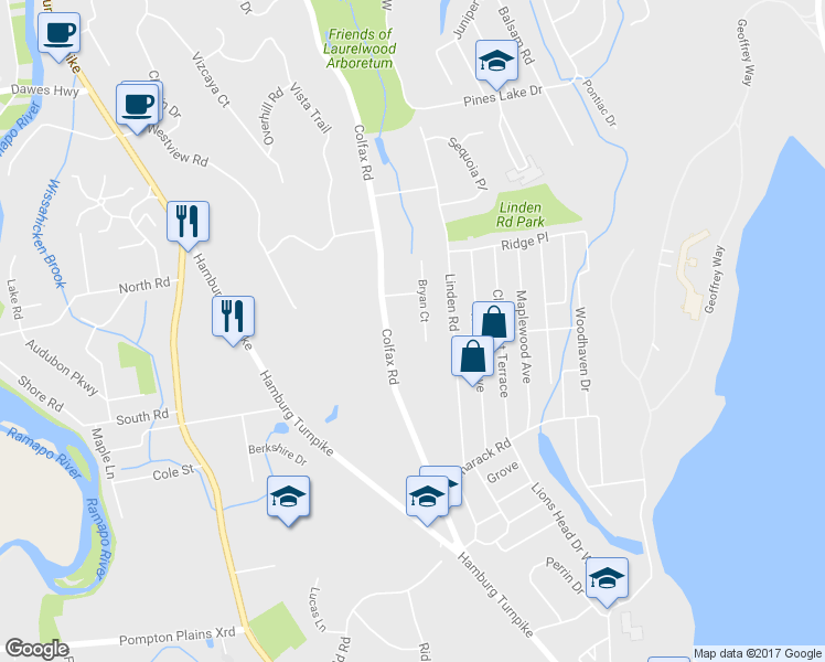 map of restaurants, bars, coffee shops, grocery stores, and more near 5 Bryan Court in Wayne