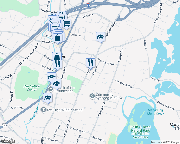 map of restaurants, bars, coffee shops, grocery stores, and more near 378 Midland Avenue in Rye