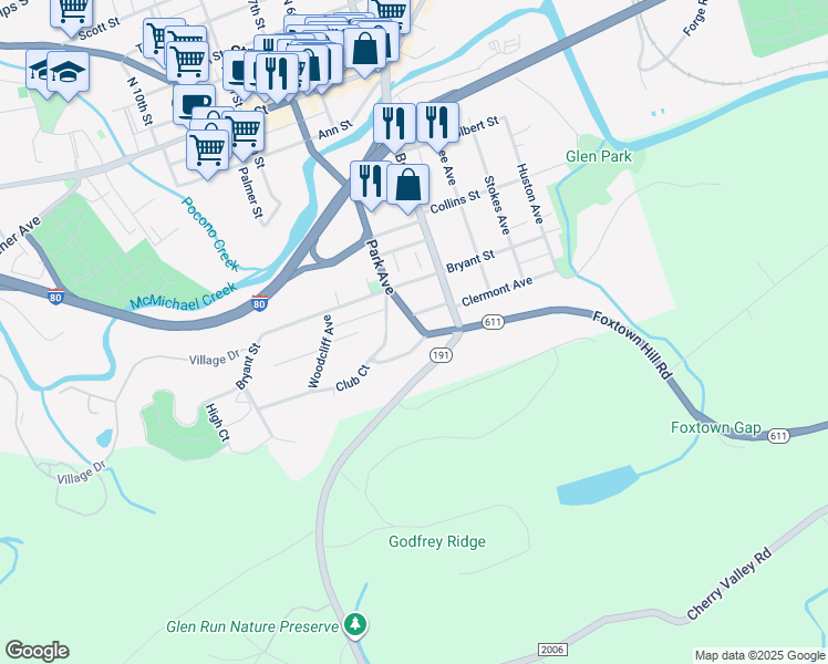 map of restaurants, bars, coffee shops, grocery stores, and more near 507 Park Avenue in Stroudsburg