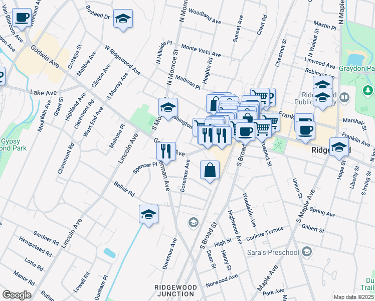 map of restaurants, bars, coffee shops, grocery stores, and more near 125 Godwin Avenue in Ridgewood