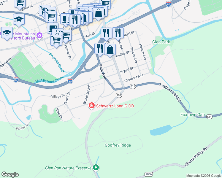 map of restaurants, bars, coffee shops, grocery stores, and more near 508 Park Avenue in Stroudsburg