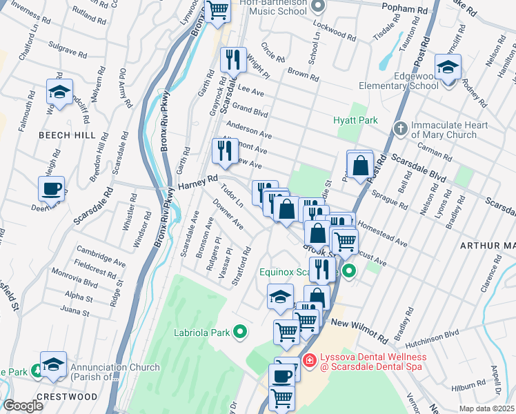 map of restaurants, bars, coffee shops, grocery stores, and more near 96 Brook Street in Scarsdale