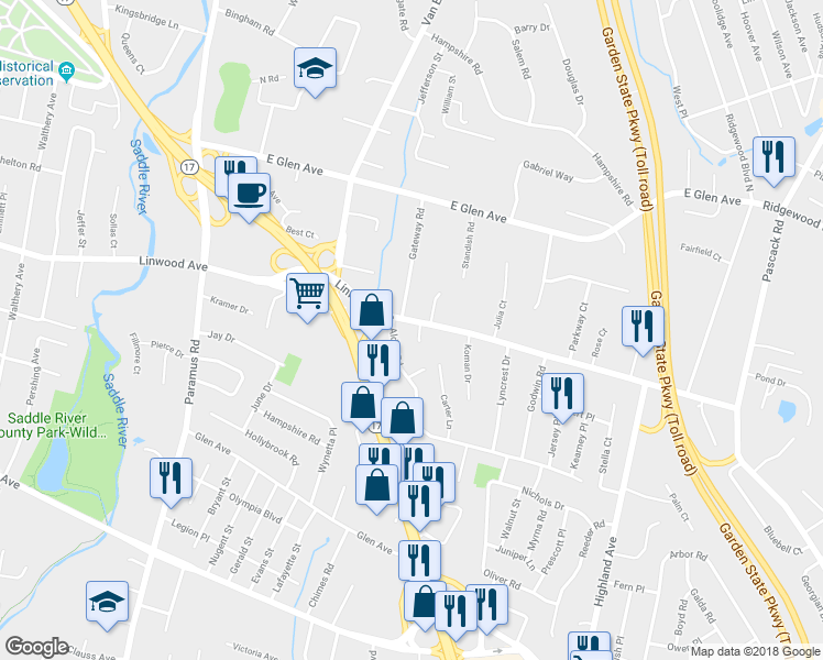 map of restaurants, bars, coffee shops, grocery stores, and more near 805 Minogue Terrace in Paramus