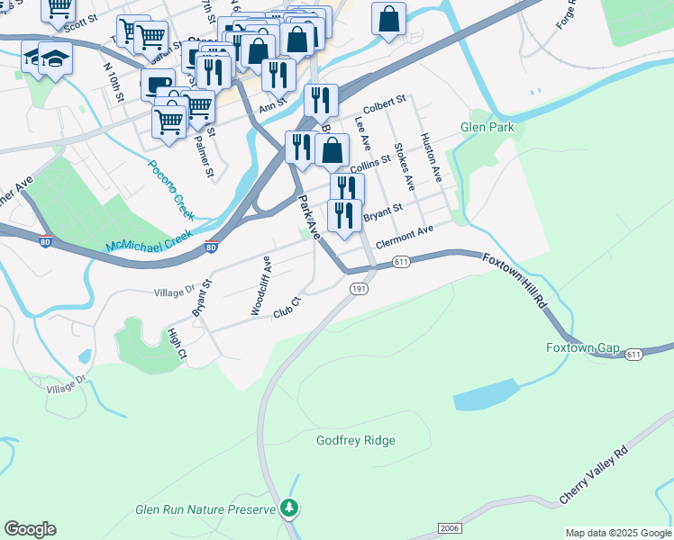 map of restaurants, bars, coffee shops, grocery stores, and more near 507 Park Avenue in Stroudsburg