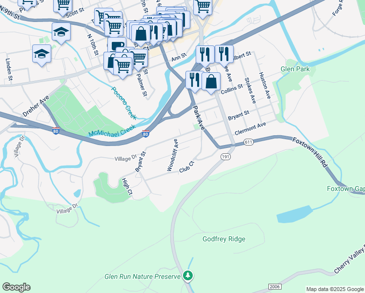 map of restaurants, bars, coffee shops, grocery stores, and more near 728 Clermont Avenue in Stroudsburg
