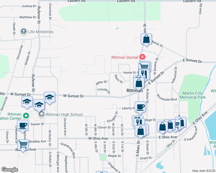 map of restaurants, bars, coffee shops, grocery stores, and more near 241 Baker Street in Rittman