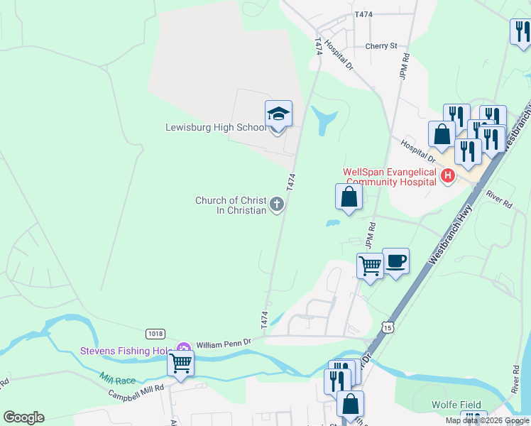map of restaurants, bars, coffee shops, grocery stores, and more near 193 Newman Road in Lewisburg
