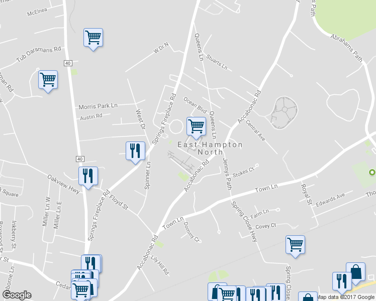 map of restaurants, bars, coffee shops, grocery stores, and more near 14 Ocean Parkway East in East Hampton