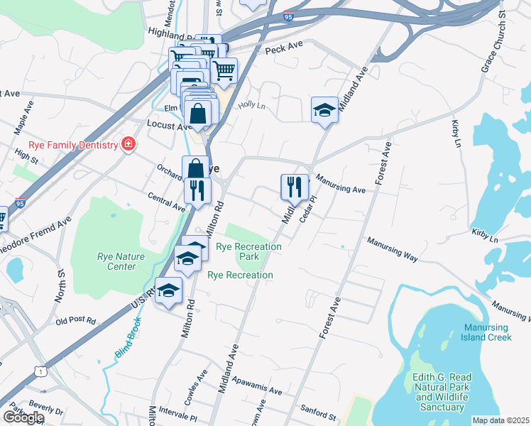 map of restaurants, bars, coffee shops, grocery stores, and more near 62 Palisade Road in Rye