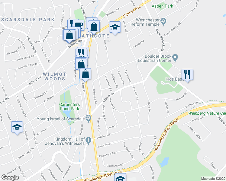 map of restaurants, bars, coffee shops, grocery stores, and more near 27 Crossway in Scarsdale