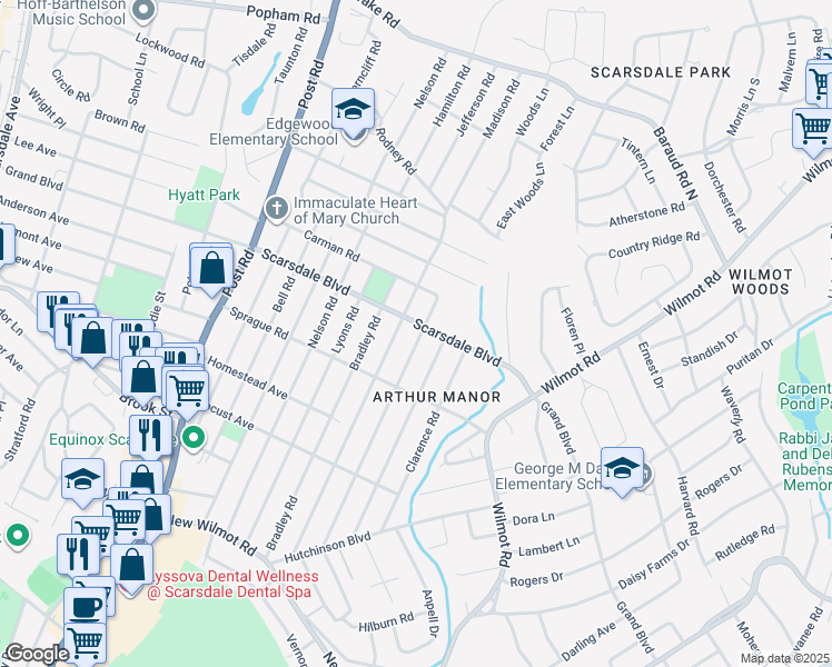 map of restaurants, bars, coffee shops, grocery stores, and more near 181 Johnson Road in Scarsdale