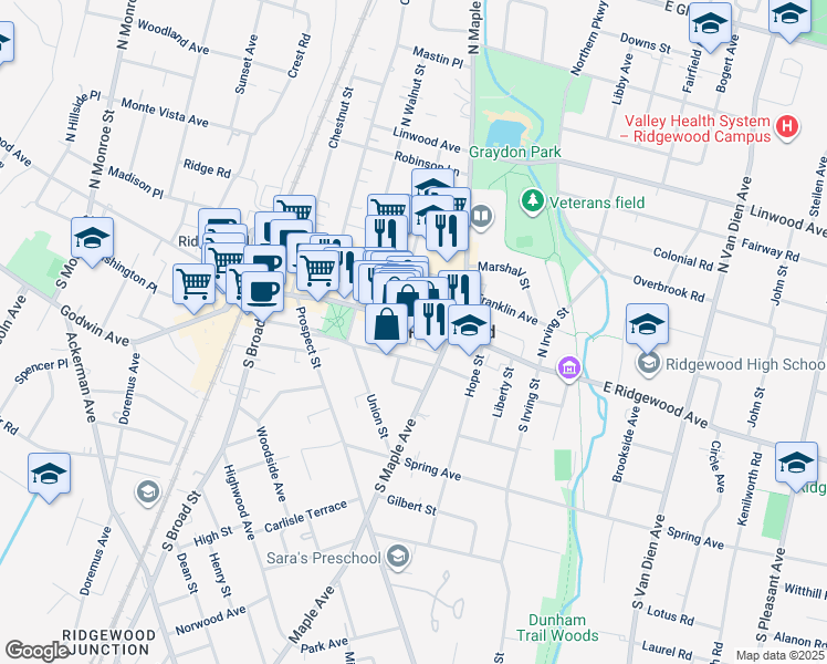 map of restaurants, bars, coffee shops, grocery stores, and more near 216 East Ridgewood Avenue in Ridgewood