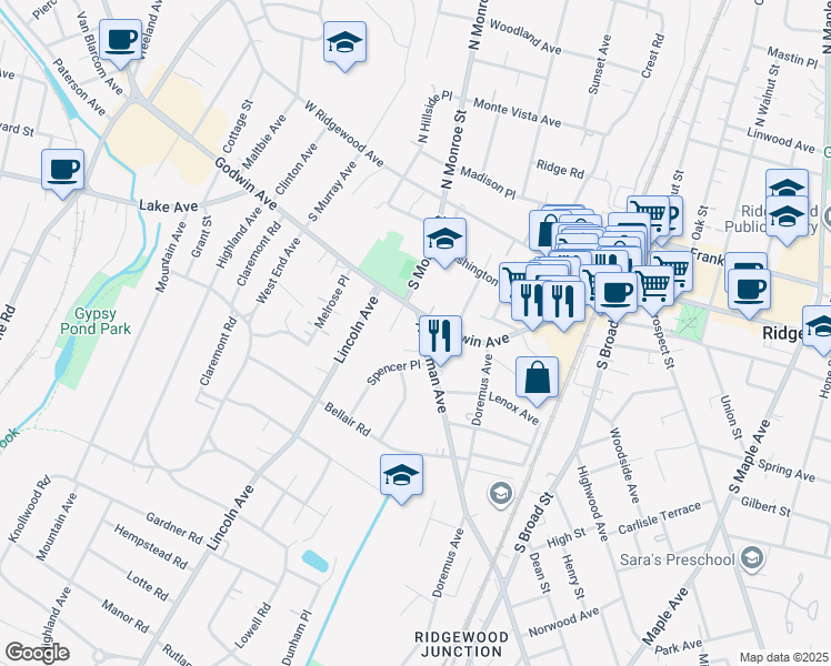 map of restaurants, bars, coffee shops, grocery stores, and more near 114 Ackerman Avenue in Ridgewood
