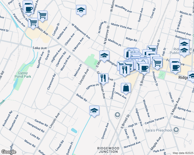 map of restaurants, bars, coffee shops, grocery stores, and more near 114 Ackerman Avenue in Ridgewood